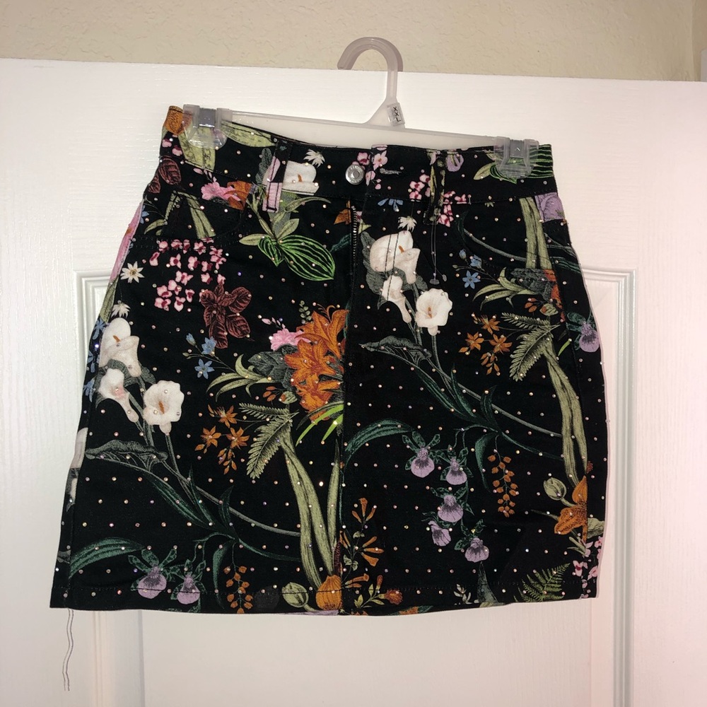Topshop Floral Crystal Denim Skirt